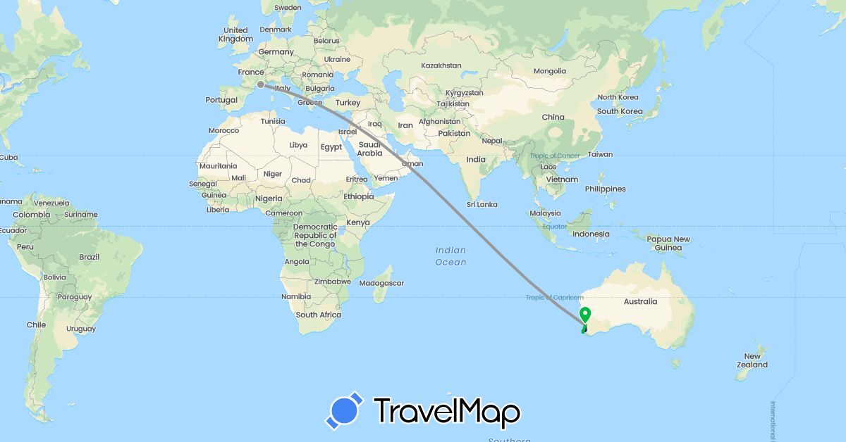 TravelMap itinerary: driving, bus, plane in Australia, France (Europe, Oceania)