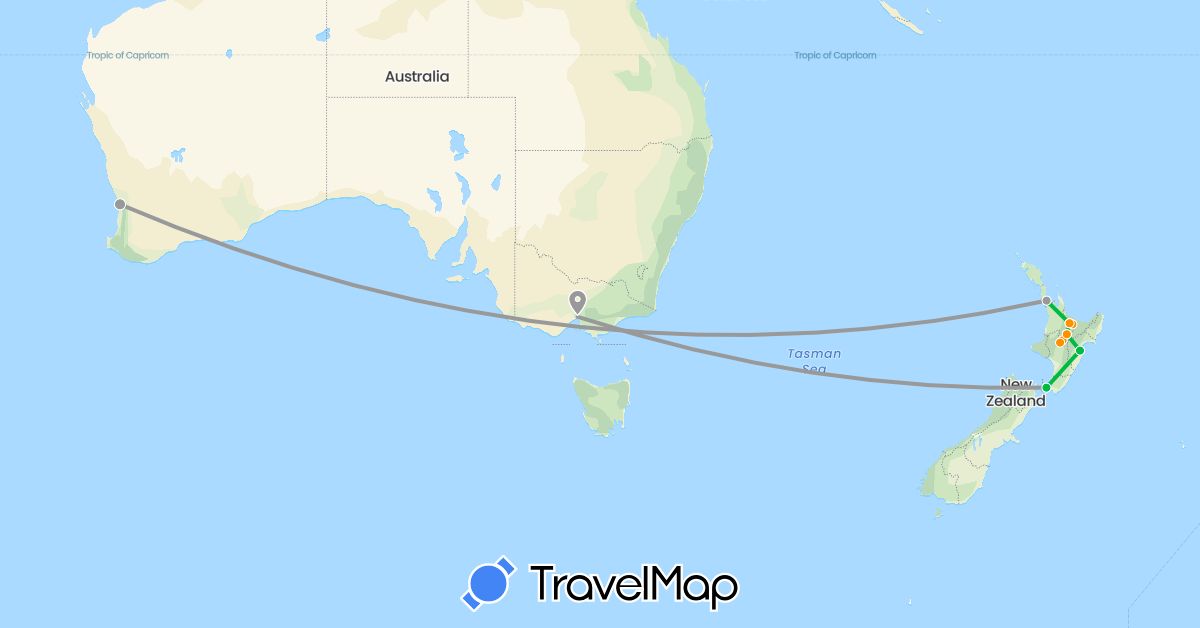 TravelMap itinerary: driving, bus, plane, hitchhiking in Australia, New Zealand (Oceania)