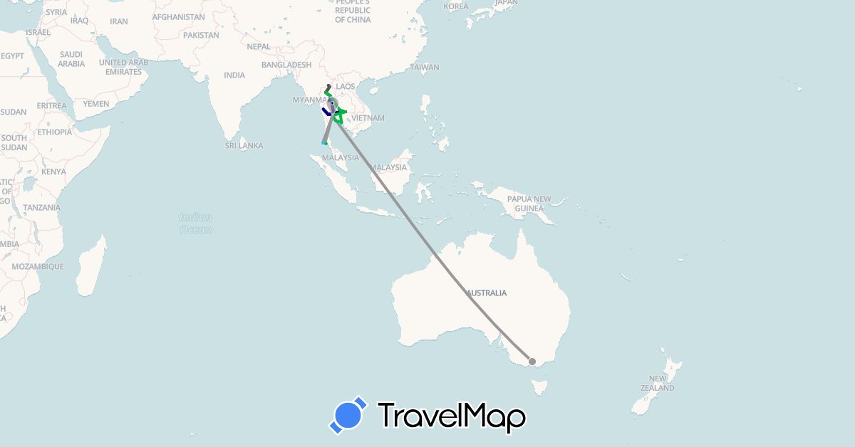 TravelMap itinerary: driving, bus, plane, train, boat, motorbike in Australia, Thailand (Asia, Oceania)