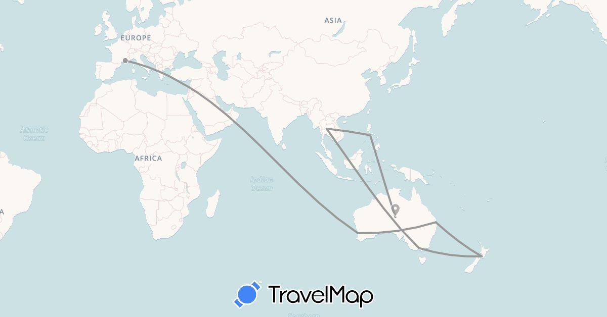 TravelMap itinerary: driving, plane in Australia, France, New Zealand, Philippines, Thailand (Asia, Europe, Oceania)