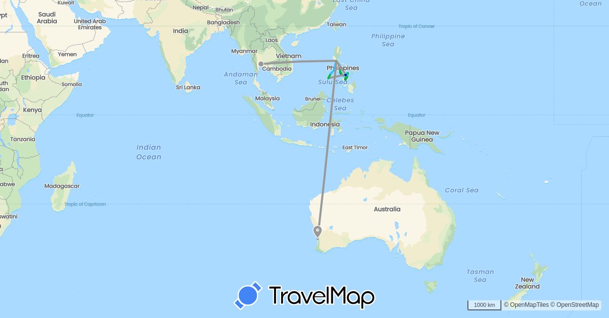 TravelMap itinerary: driving, bus, plane, boat, motorbike in Australia, Philippines, Thailand (Asia, Oceania)